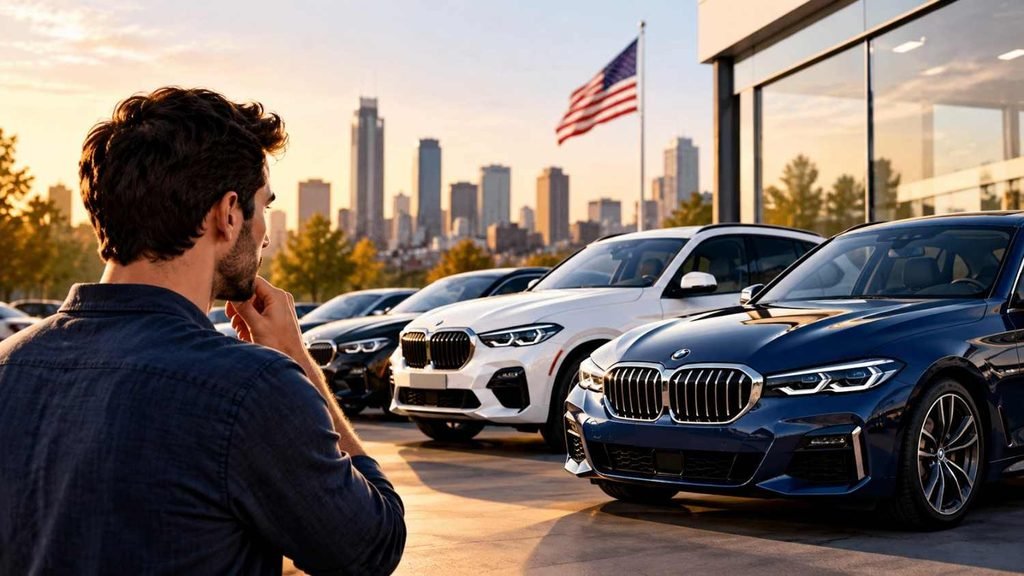 BMW luxury cars at a U.S. dealership as buyers consider their options.