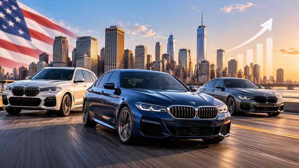 BMW luxury sedans and SUV against the U.S. city skyline at sunset, representing Q3 2026 luxury car sales momentum.
