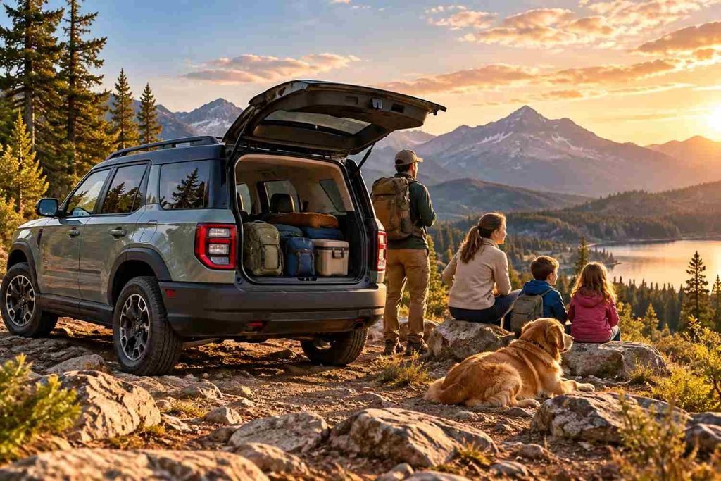 Ford Bronco Sport SUV parked near a mountain lake during a family outdoor adventure.