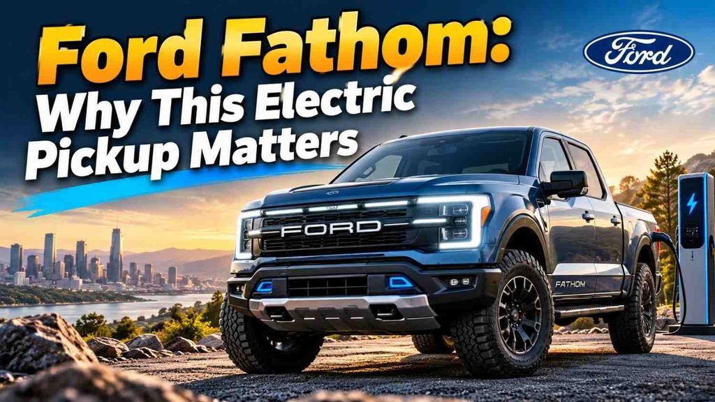 Ford Fathom electric pickup truck parked beside a charging station at sunset, highlighting Ford’s upcoming electric truck and EV technology.