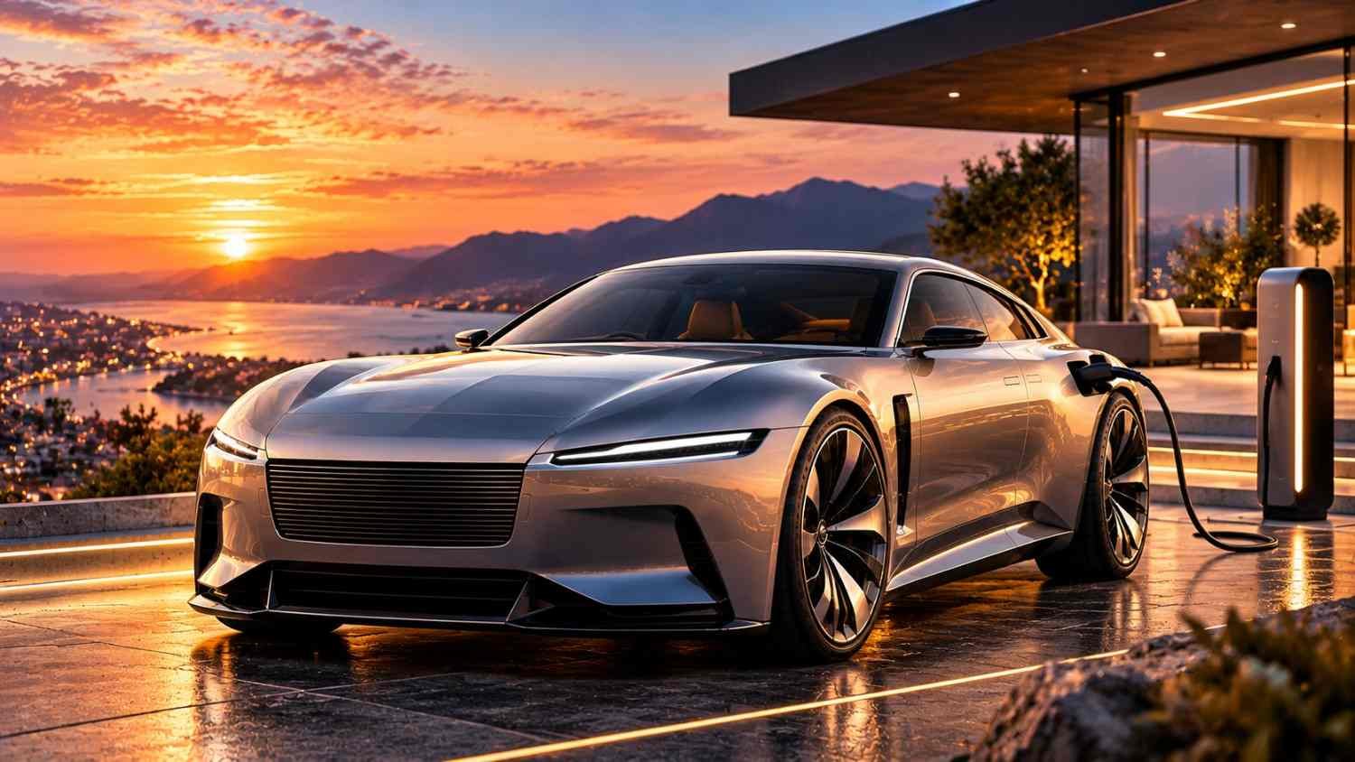 Jaguar $130,000 electric car charging outside a luxury villa at sunset