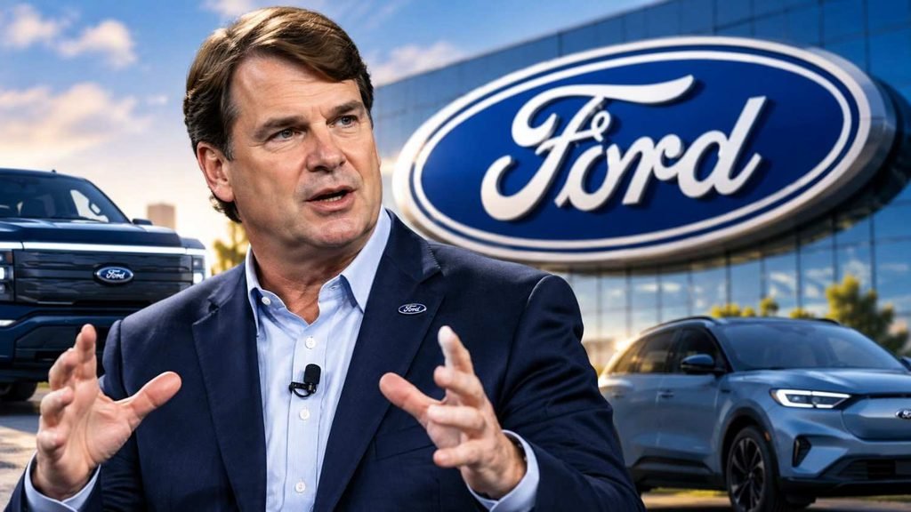 Jim Farley discussing Ford’s future alongside the Ford logo, electric vehicles, and pickup trucks.