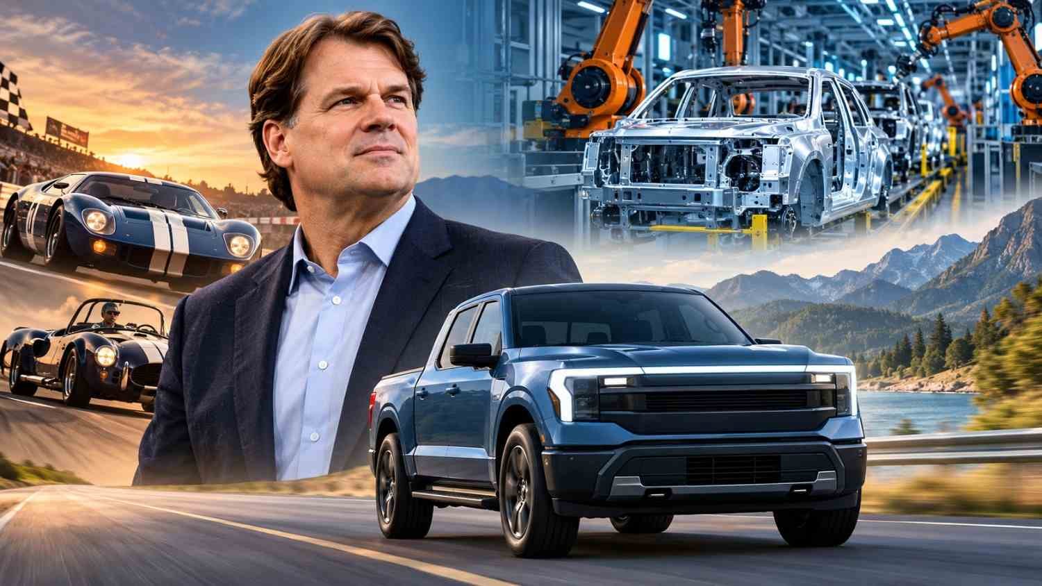 Jim Farley with a blue electric pickup truck, an automotive factory, and classic racing cars, representing Ford’s future vehicle technology.