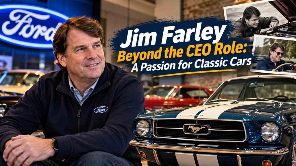 Jim Farley surrounded by classic cars, including a vintage Ford Mustang, highlighting his passion for classic car collecting and historic motorsport.