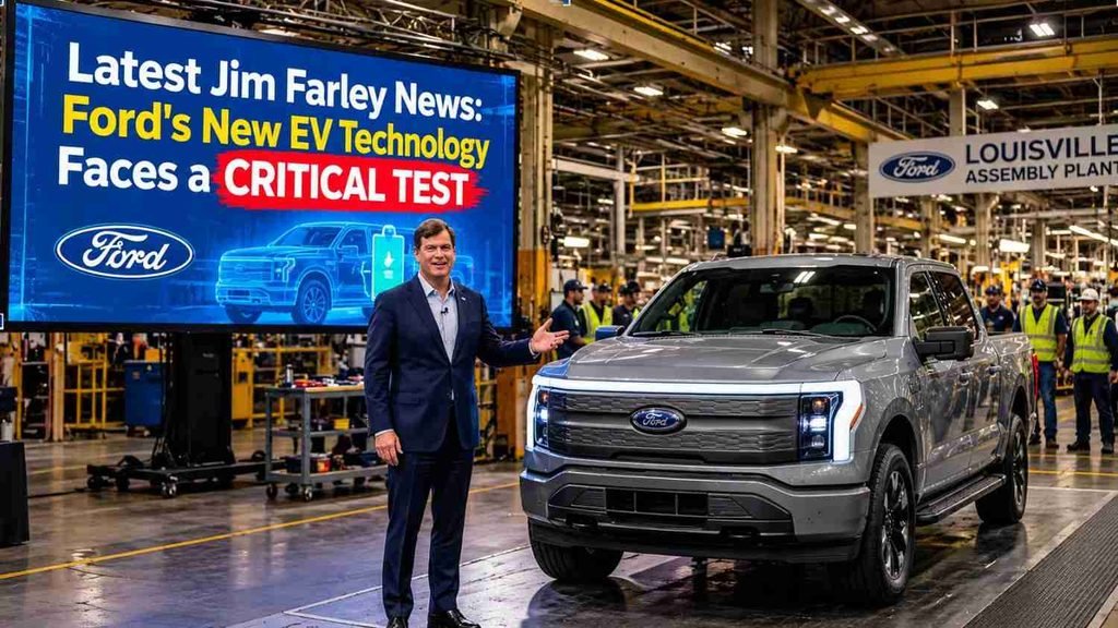 Jim Farley presents Ford’s electric vehicle technology at the Louisville Assembly Plant, standing beside an electric pickup truck on the factory floor.