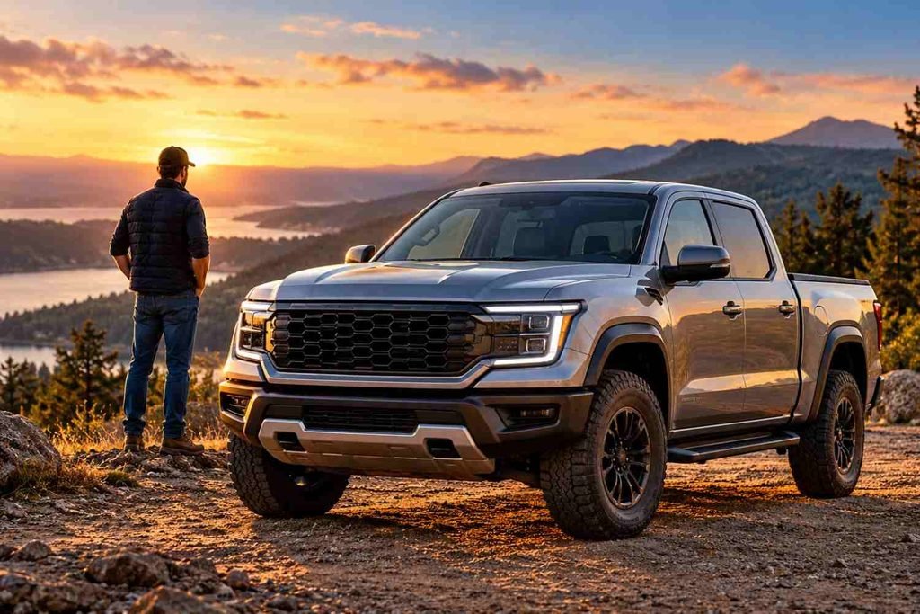Silver pickup truck parked at a scenic mountain overlook during sunset.
