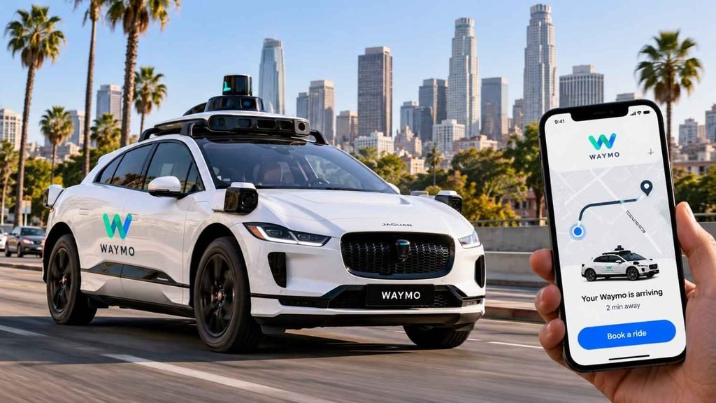 Waymo robotaxi self-driving electric car with sensors on a city road