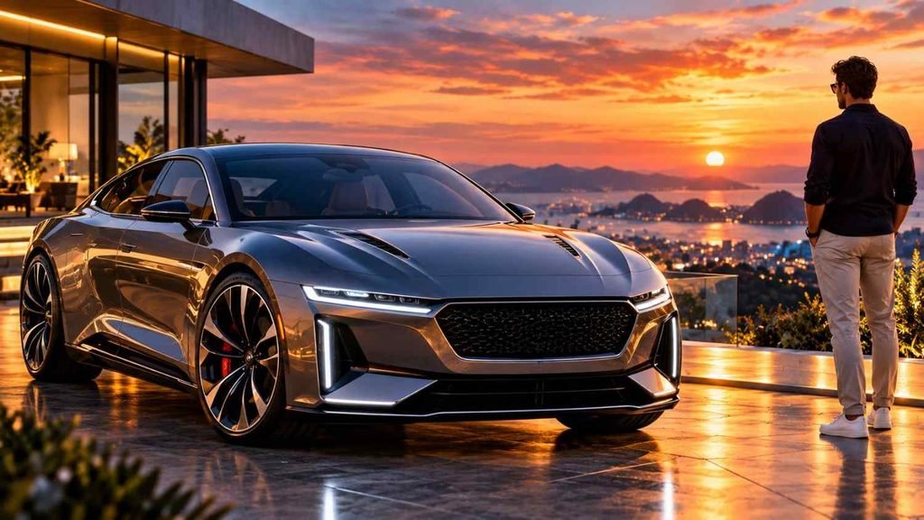 Sleek dark luxury electric car parked on a modern terrace at sunset, overlooking a glowing coastal city.