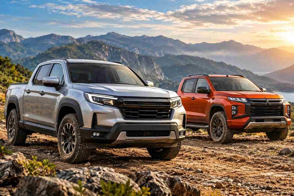 Honda and Mitsubishi Triton-style pickup trucks parked on rugged mountain terrain